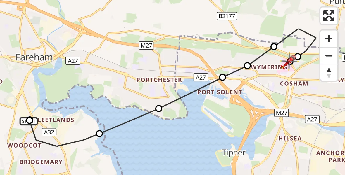 Flight route Air Ambulance Helicopter Gosport - Queen Alexandra Hospital, 01 September 2026, 19:09