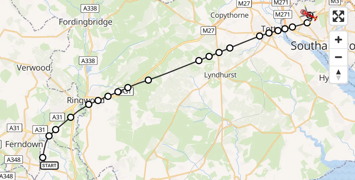 Flight route Air Ambulance Helicopter Bournemouth Airport - University Hospital Southampton, 01 September 2026, 19:18