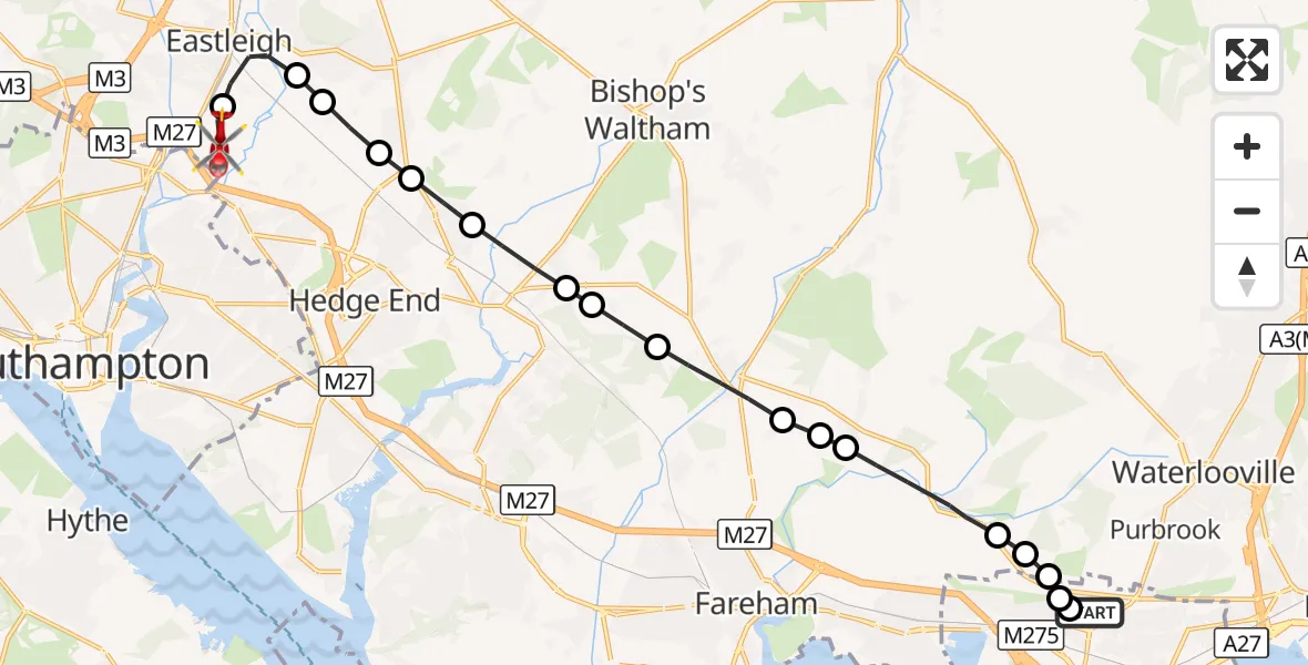 Flight route Air Ambulance Helicopter Queen Alexandra Hospital - Southampton Airport, 01 September 2026, 19:31