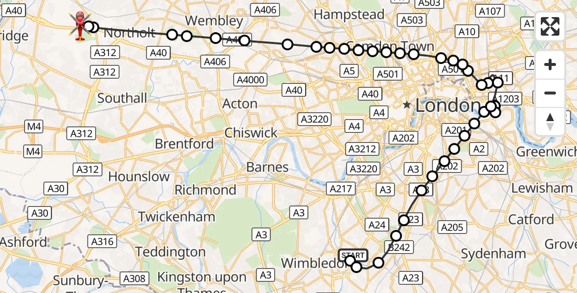 Flight route Air Ambulance Helicopter St Georges Hospital - RAF Northolt, 01 September 2026, 19:34