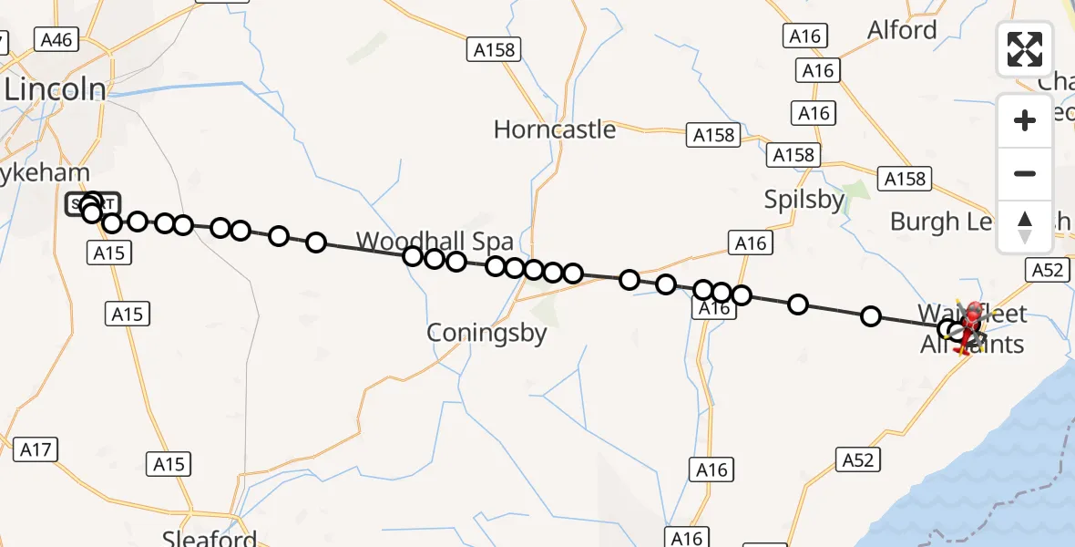 Flight route Air Ambulance Helicopter RAF Waddington - Wainfleet St Mary, 01 September 2026, 20:19