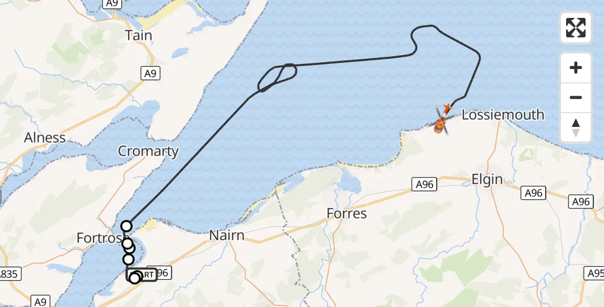 Flight route Coastguard Helicopter Inverness Airport - Duffus, 01 September 2026, 20:19