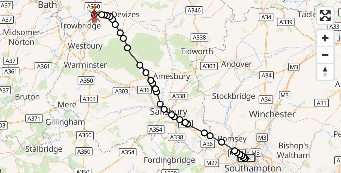 Flight route Air Ambulance Helicopter University Hospital Southampton - Wiltshire Air Ambulance, 01 September 2026, 20:21
