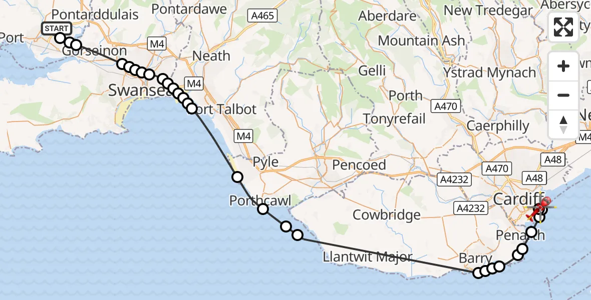 Flight route Air Ambulance Helicopter Dafen - Cardiff Heliport, 01 September 2026, 21:17