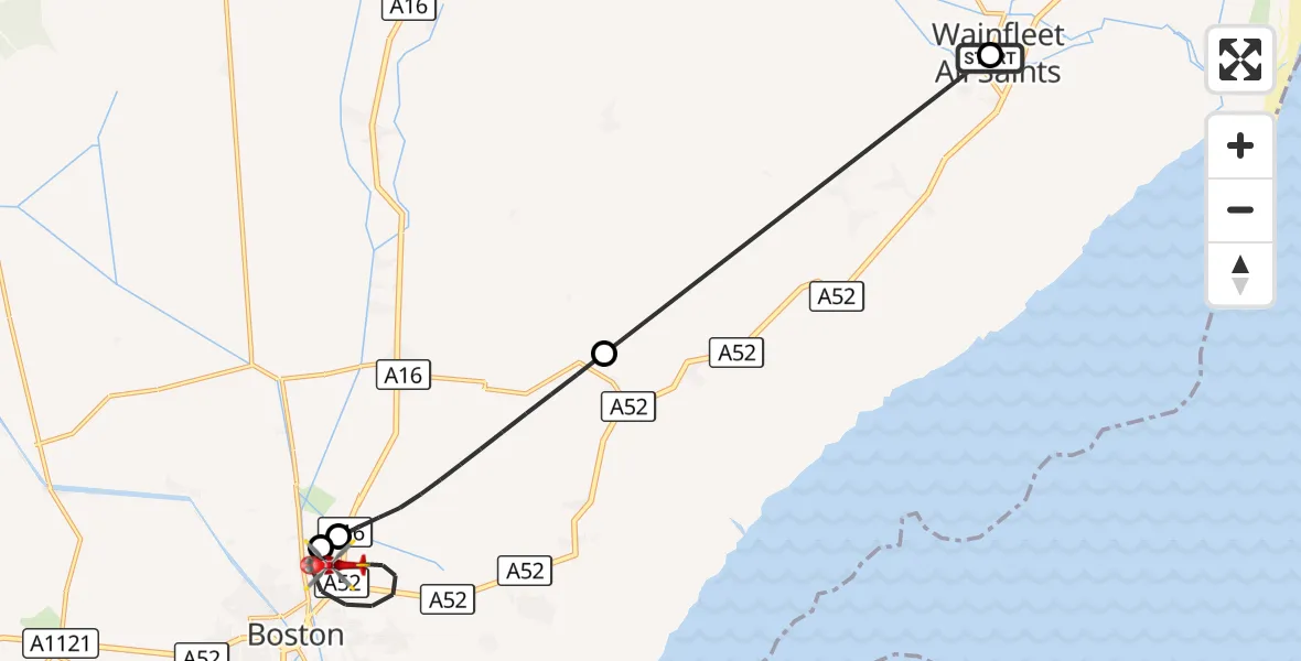 Flight route Air Ambulance Helicopter Wainfleet All Saints - Boston, 01 September 2026, 21:29