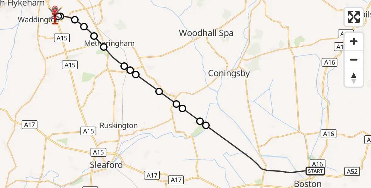 Flight route Air Ambulance Helicopter Boston - North Kesteven, 01 September 2026, 22:25
