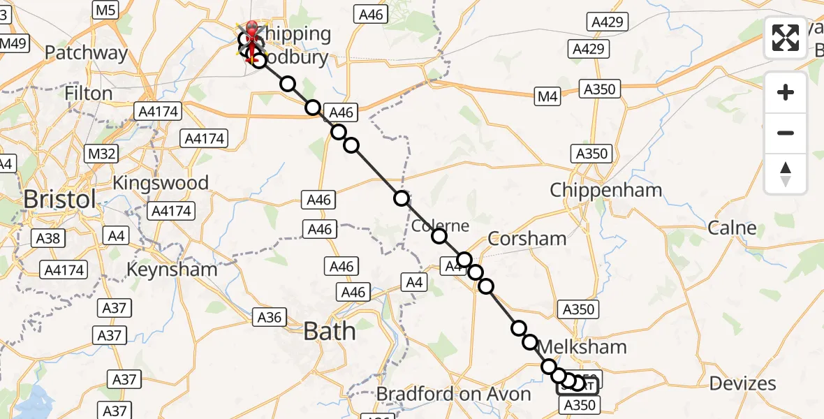 Flight route Air Ambulance Helicopter Wiltshire Air Ambulance - Yate, 01 September 2026, 23:46