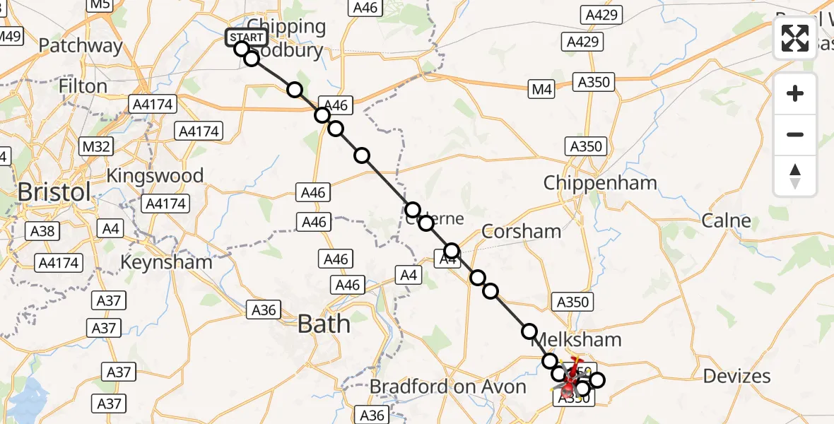 Flight route Air Ambulance Helicopter Yate - Wiltshire Air Ambulance, 02 September 2026, 01:38