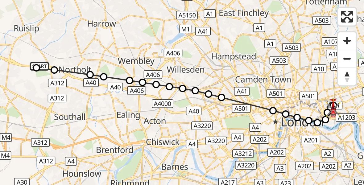 Flight route Air Ambulance Helicopter RAF Northolt - Royal London Hospital, 02 September 2026, 06:49