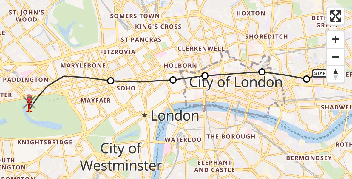 Flight route Air Ambulance Helicopter Royal London Hospital - City of Westminster, 02 September 2026, 07:19
