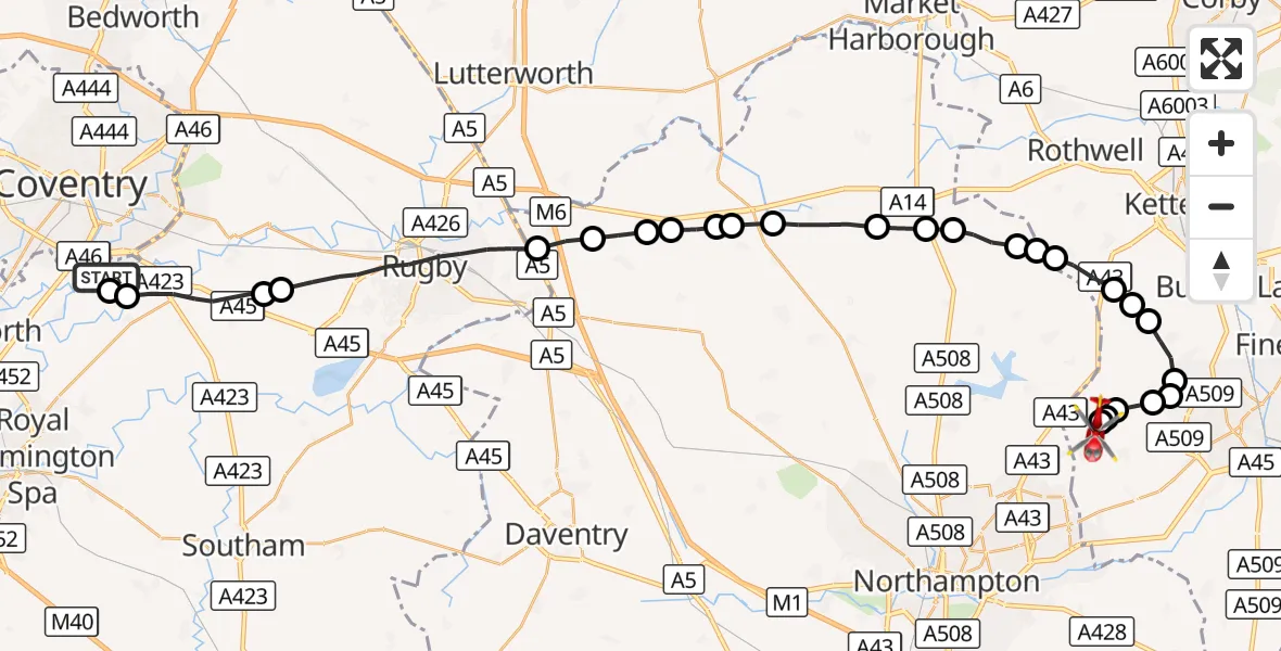 Flight route Air Ambulance Helicopter Coventry Airport - Sywell Aerodrome, 02 September 2026, 08:18