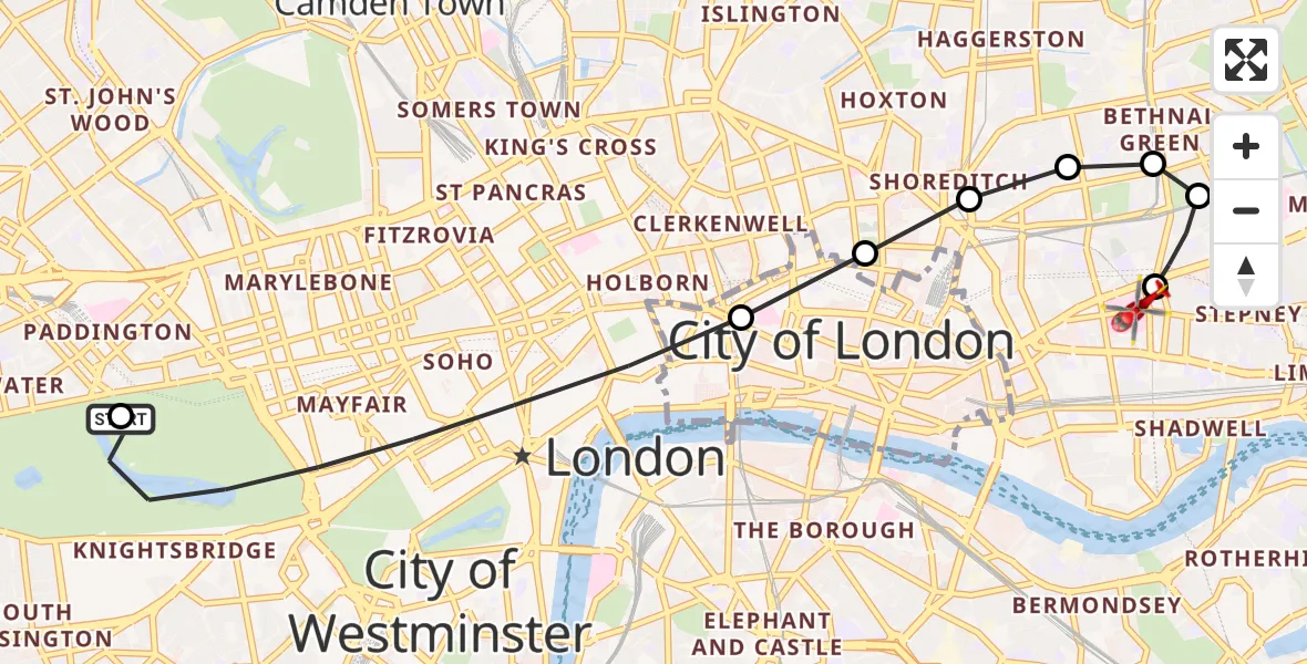Flight route Air Ambulance Helicopter City of Westminster - Royal London Hospital, 02 September 2026, 08:36