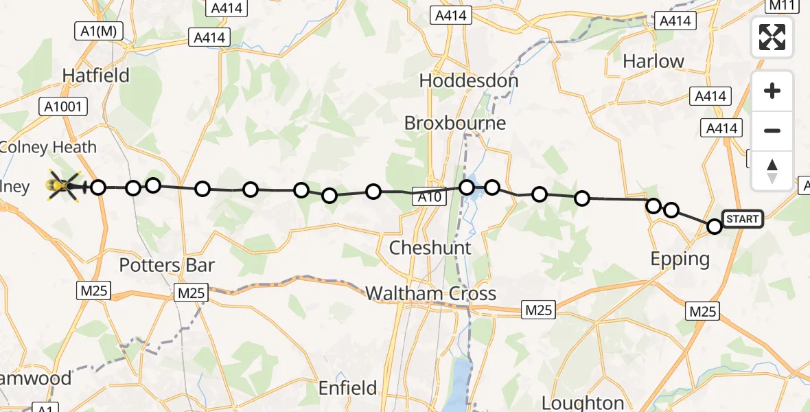 Flight route Police Helicopter North Weald Airfield - Welwyn Hatfield, 02 September 2026, 09:17