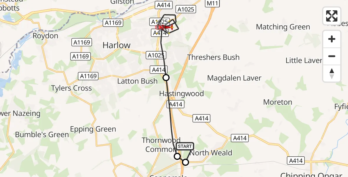 Flight route Air Ambulance Helicopter North Weald Airfield - Harlow, 02 September 2026, 09:24