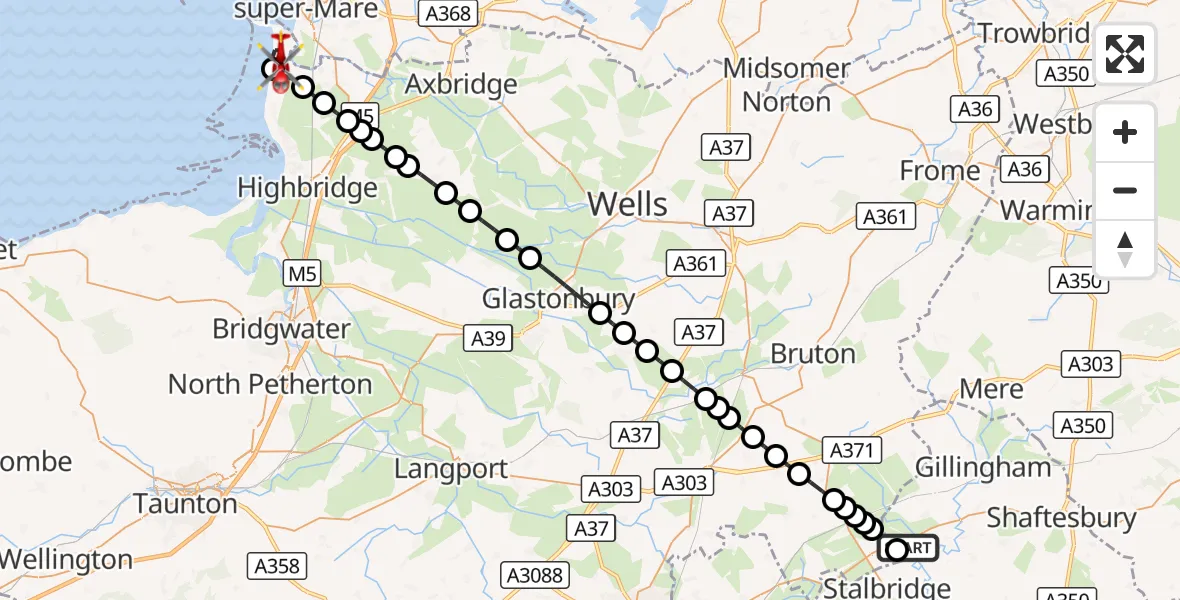 Flight route Air Ambulance Helicopter Henstridge Airfield - Brean, 02 September 2026, 10:17
