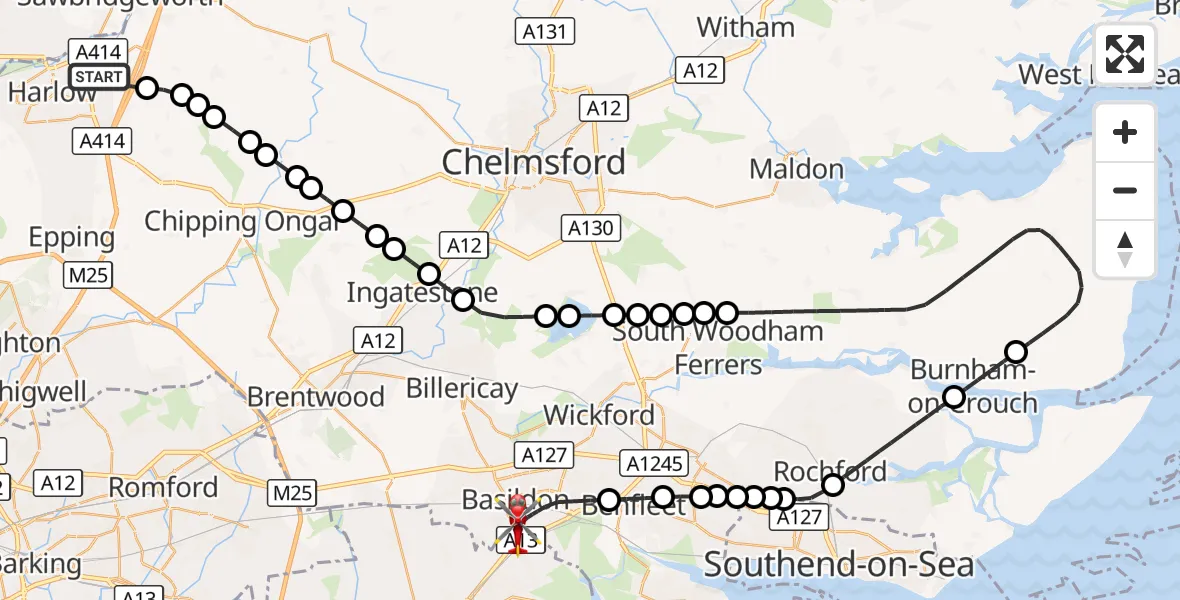 Flight route Air Ambulance Helicopter Harlow - Basildon, 02 September 2026, 10:32