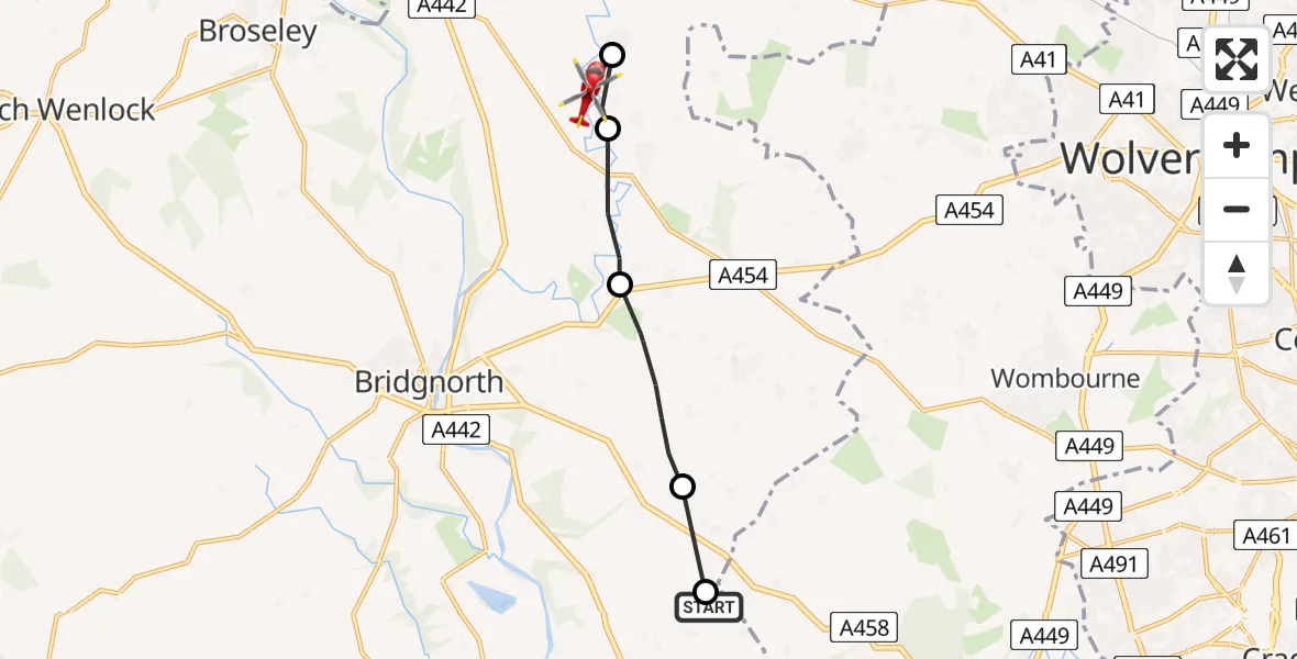 Flight route Air Ambulance Helicopter Alveley - Beckbury, 02 September 2026, 10:39