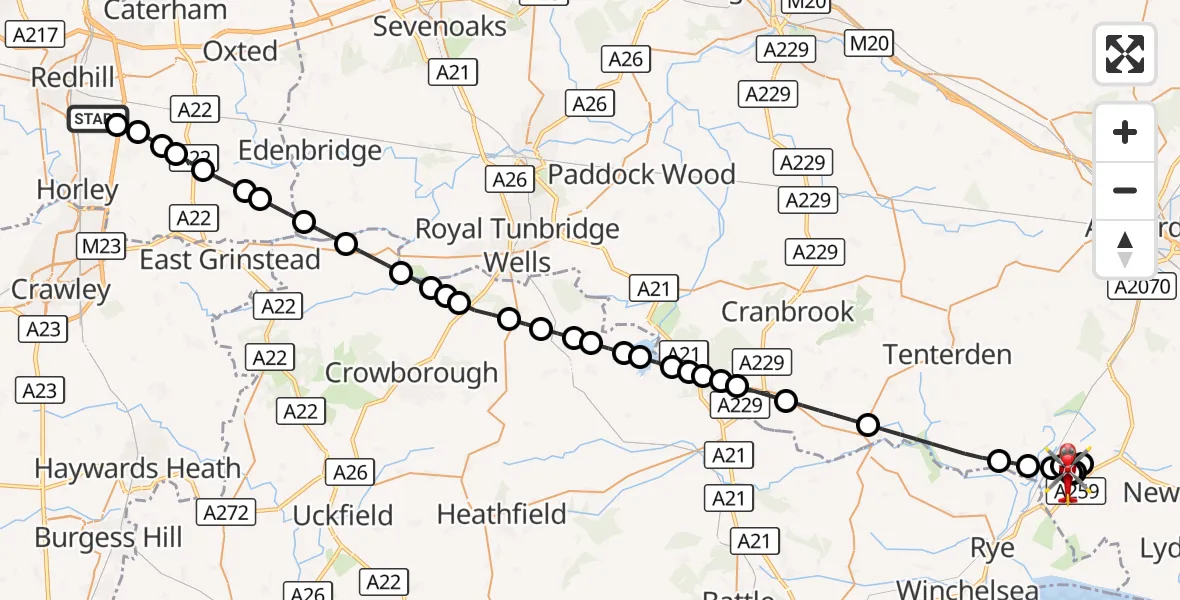 Flight route Air Ambulance Helicopter Redhill Aerodrome - Brookland, 02 September 2026, 11:27