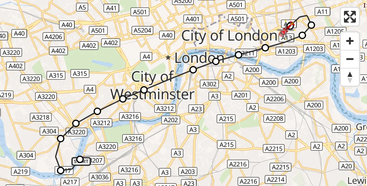 Flight route Air Ambulance Helicopter London Heliport - Royal London Hospital, 02 September 2026, 11:47