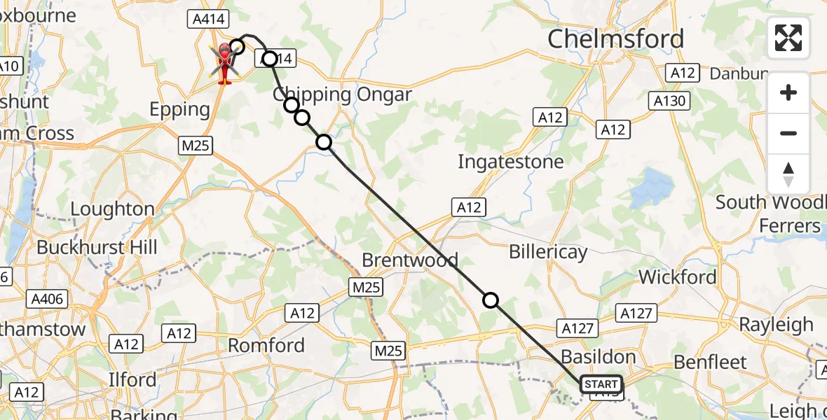 Flight route Air Ambulance Helicopter Basildon - North Weald Airfield, 02 September 2026, 12:08