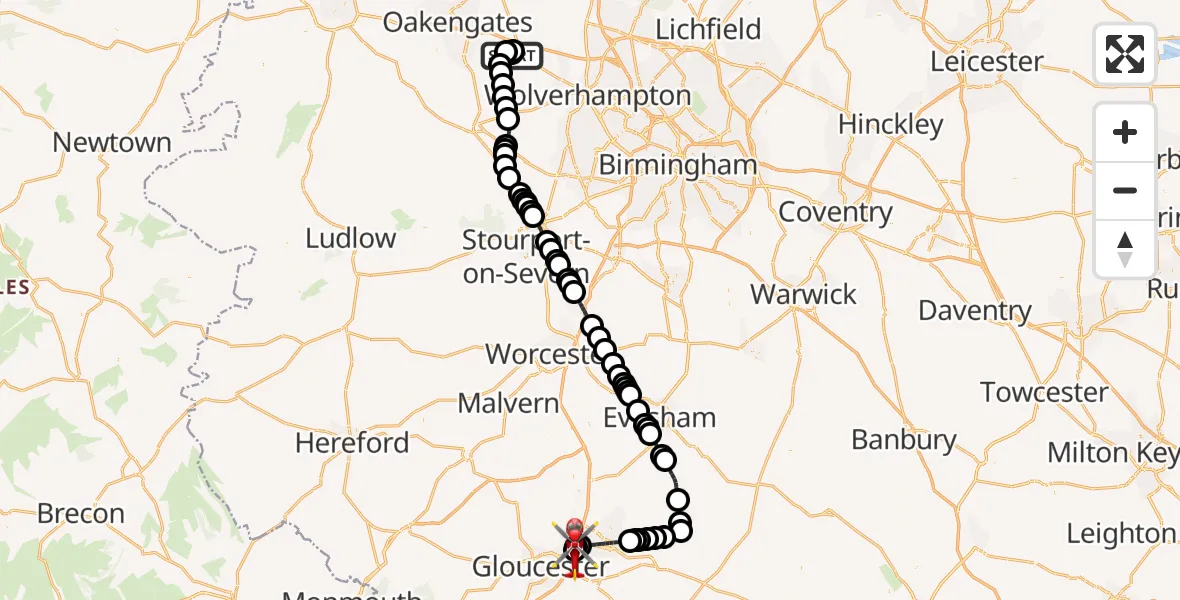 Flight route Air Ambulance Helicopter RAF Cosford - Tewkesbury, 02 September 2026, 12:22