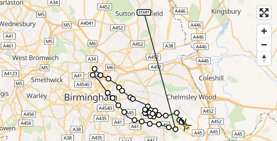 Flight route Police Helicopter Sutton Coldfield - Birmingham Airport, 02 September 2026, 12:26
