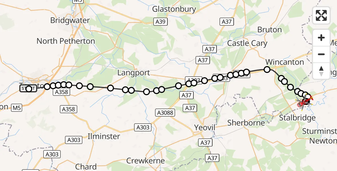 Flight route Air Ambulance Helicopter Musgrove Hospital - Henstridge Airfield, 02 September 2026, 12:26