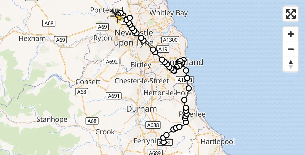 Flight route Police Helicopter Fishburn Airfield - Newcastle International Airport, 02 September 2026, 12:45