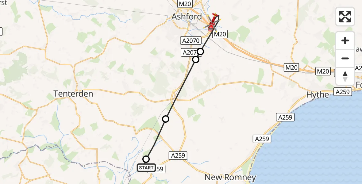 Flight route Air Ambulance Helicopter Brookland - Ashford, 02 September 2026, 12:47