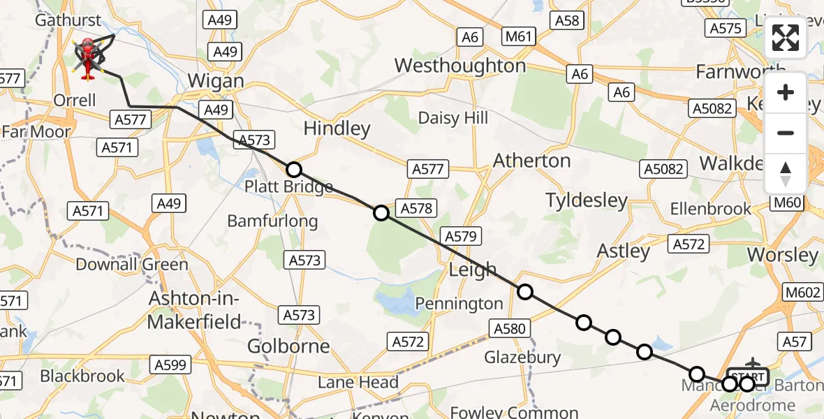 Flight route Air Ambulance Helicopter Manchester Barton Aerodrome - Wigan, 02 September 2026, 13:20