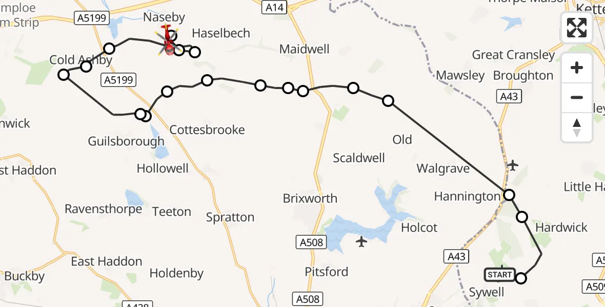 Flight route Air Ambulance Helicopter Sywell Aerodrome - Naseby, 02 September 2026, 13:29