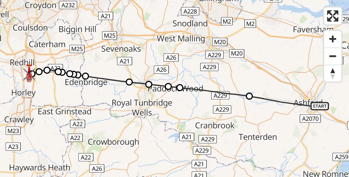 Flight route Air Ambulance Helicopter Ashford - Redhill Aerodrome, 02 September 2026, 13:35