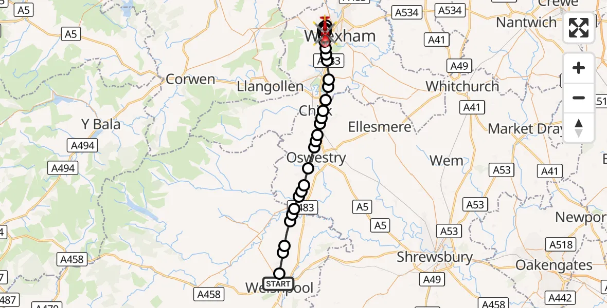 Flight route Air Ambulance Helicopter Welshpool - Caego, 02 September 2026, 13:46