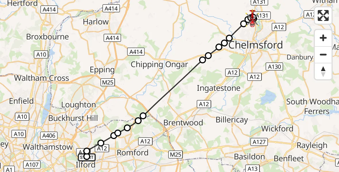 Flight route Air Ambulance Helicopter Gants Hill - Broomfield Hospital, 02 September 2026, 14:05