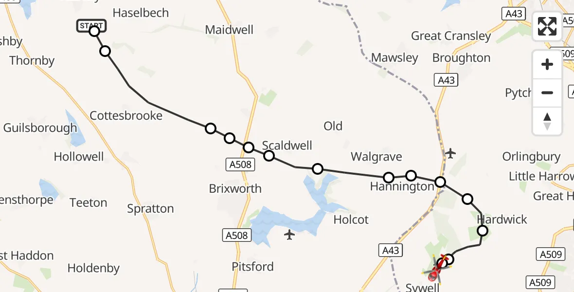 Flight route Air Ambulance Helicopter Naseby - Sywell Aerodrome, 02 September 2026, 14:40
