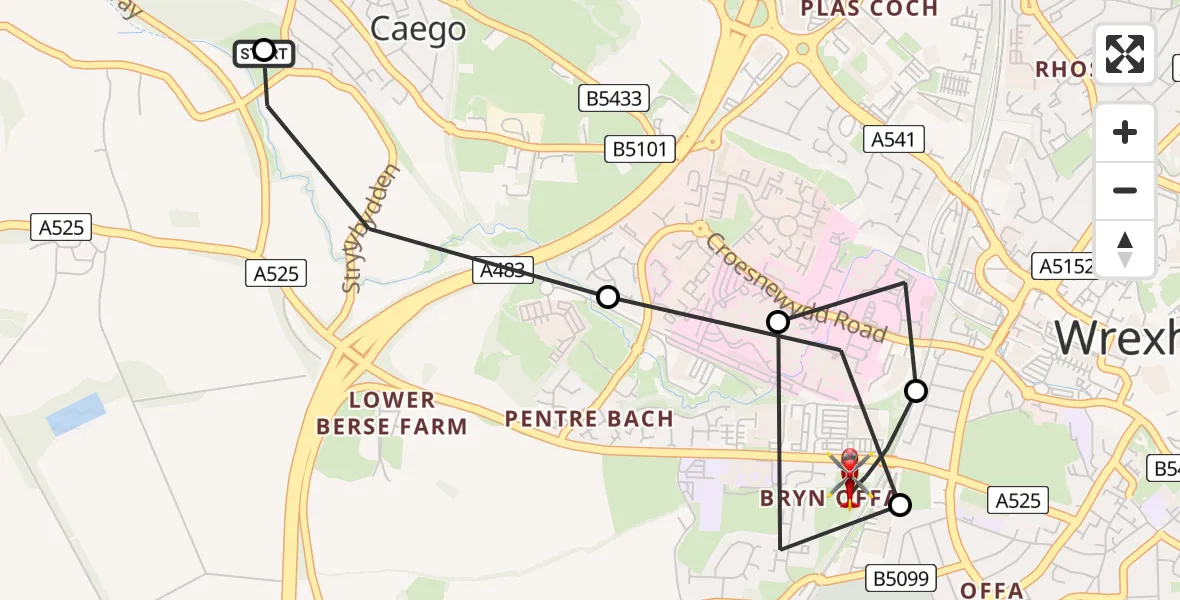 Flight route Air Ambulance Helicopter New Broughton - Felin Puleston, 02 September 2026, 14:45
