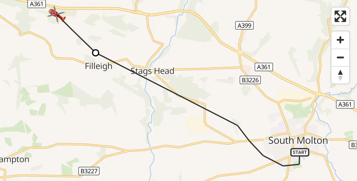 Flight route Air Ambulance Helicopter South Molton - Filleigh, 02 September 2026, 14:49