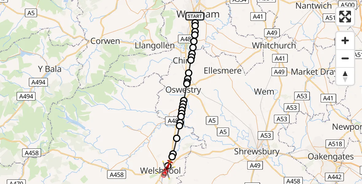 Flight route Air Ambulance Helicopter Felin Puleston - Welshpool, 02 September 2026, 15:20