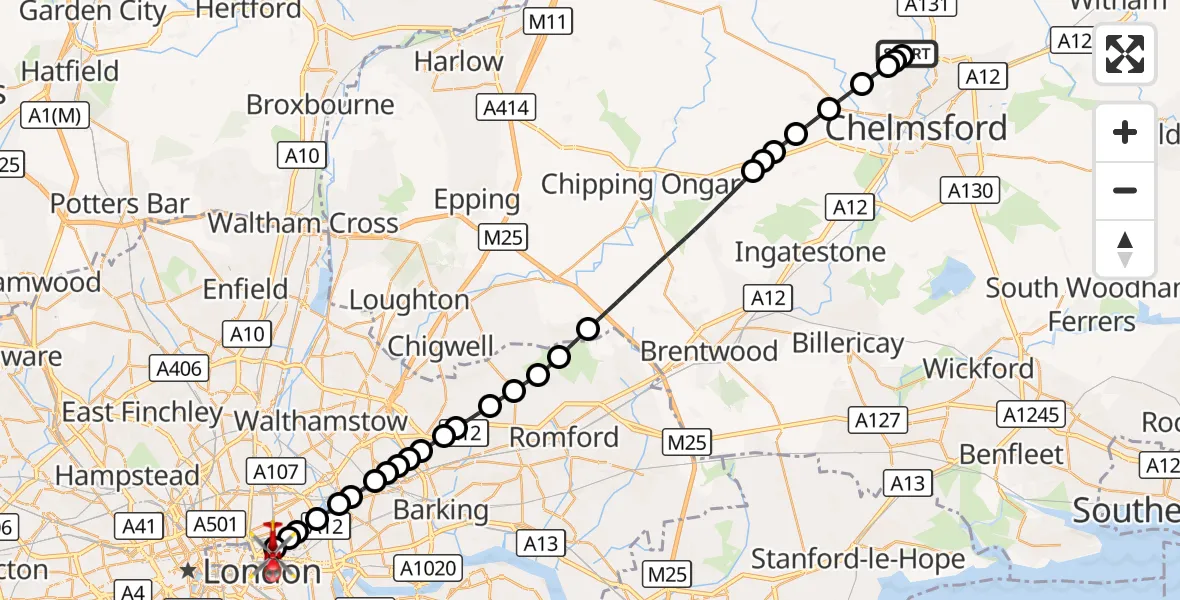 Flight route Air Ambulance Helicopter Broomfield Hospital - Royal London Hospital, 02 September 2026, 15:24