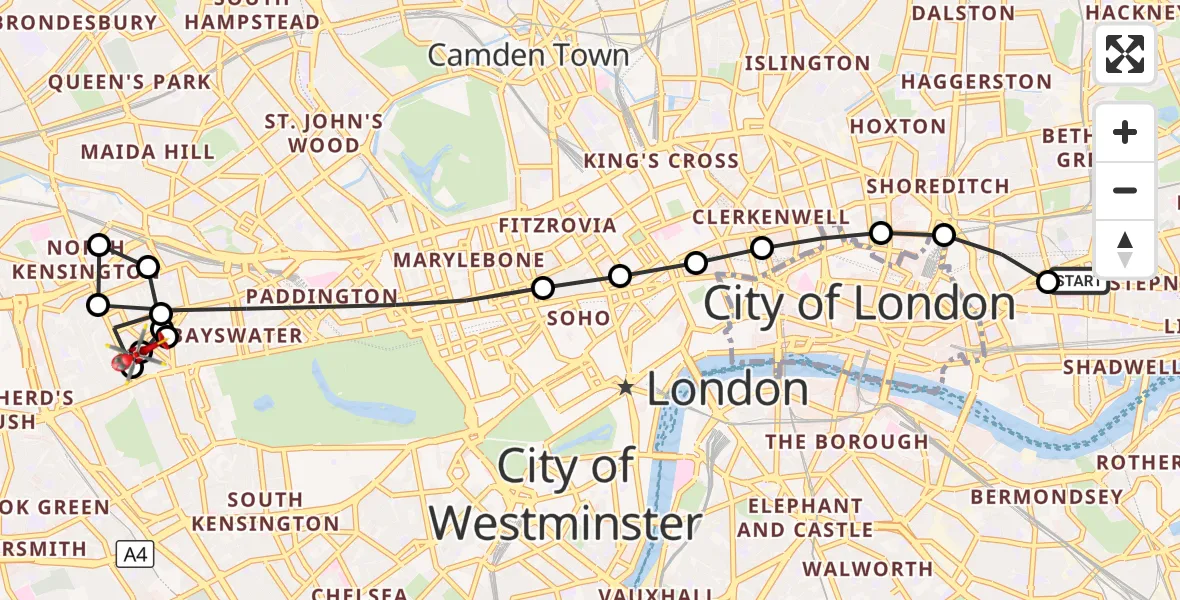 Flight route Air Ambulance Helicopter Royal London Hospital - North Kensington, 02 September 2026, 16:20