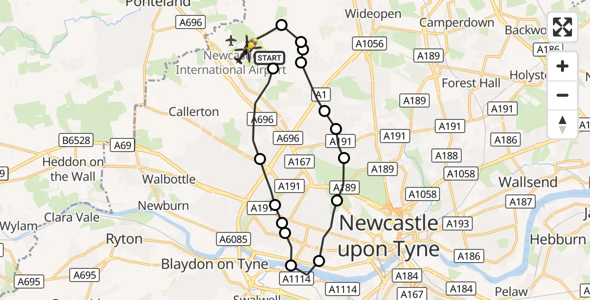 Flight route Police Helicopter Woolsington - Woolsington, 02 September 2026, 16:39