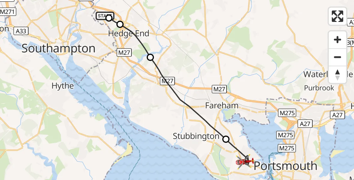 Flight route Air Ambulance Helicopter West End - Gosport, 02 September 2026, 16:50