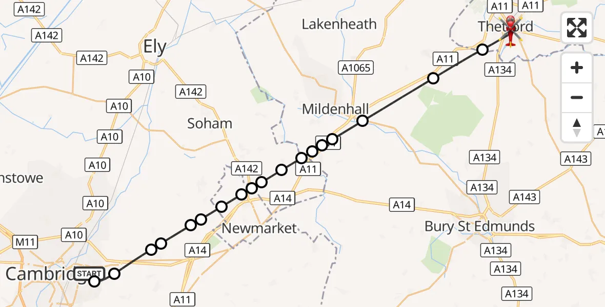 Flight route Air Ambulance Helicopter Cambridge City Airport - Thetford, 02 September 2026, 16:59