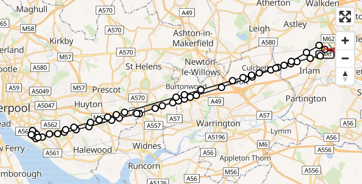 Flight route Air Ambulance Helicopter Manchester Barton Aerodrome - Eccles, 02 September 2026, 17:10