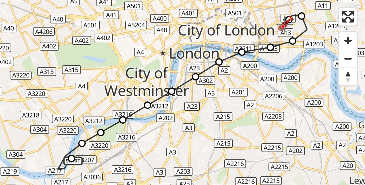 Flight route Air Ambulance Helicopter London Heliport - Royal London Hospital, 02 September 2026, 17:14