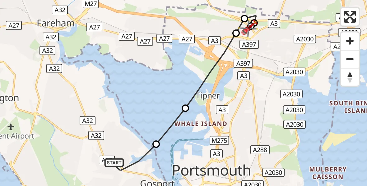 Flight route Air Ambulance Helicopter Gosport - Queen Alexandra Hospital, 02 September 2026, 17:32