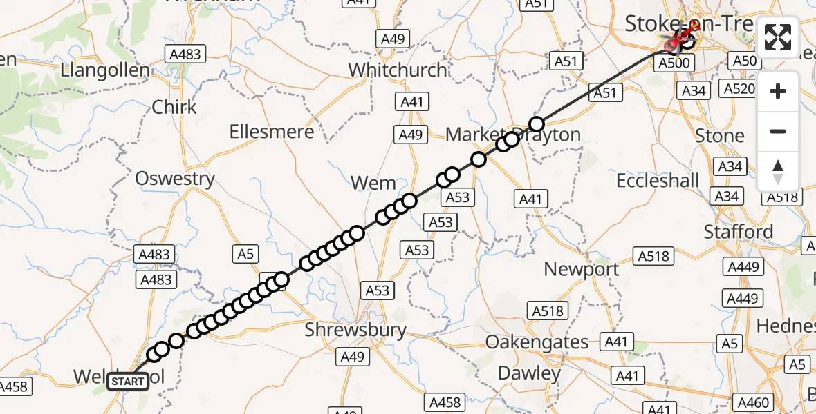 Flight route Air Ambulance Helicopter Welshpool - University Hospital North Staffs, 02 September 2026, 17:33