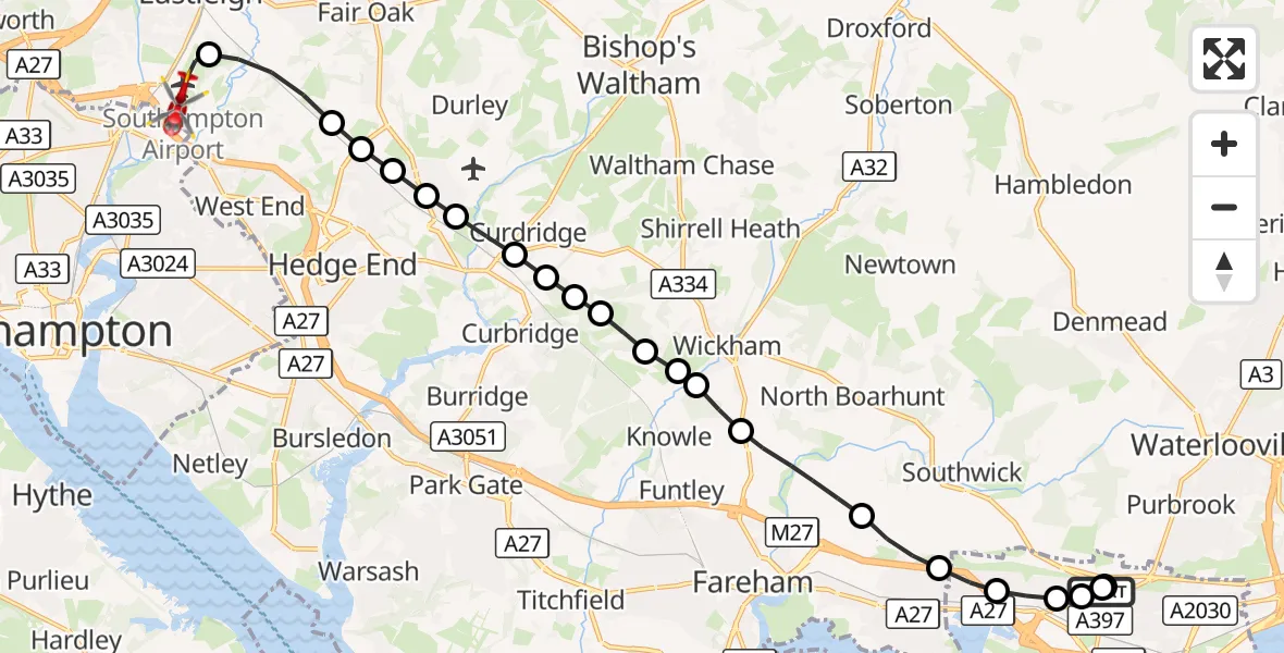 Flight route Air Ambulance Helicopter Queen Alexandra Hospital - Southampton Airport, 02 September 2026, 17:58