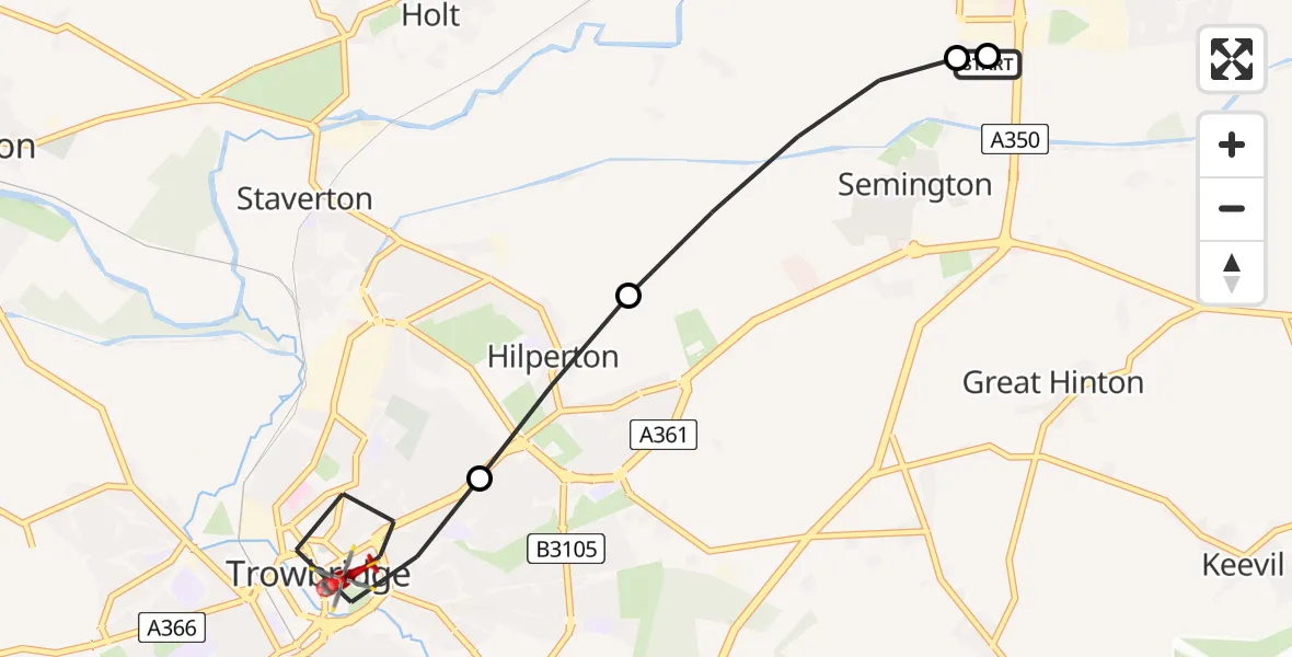 Flight route Air Ambulance Helicopter Wiltshire Air Ambulance - Trowbridge, 02 September 2026, 18:23