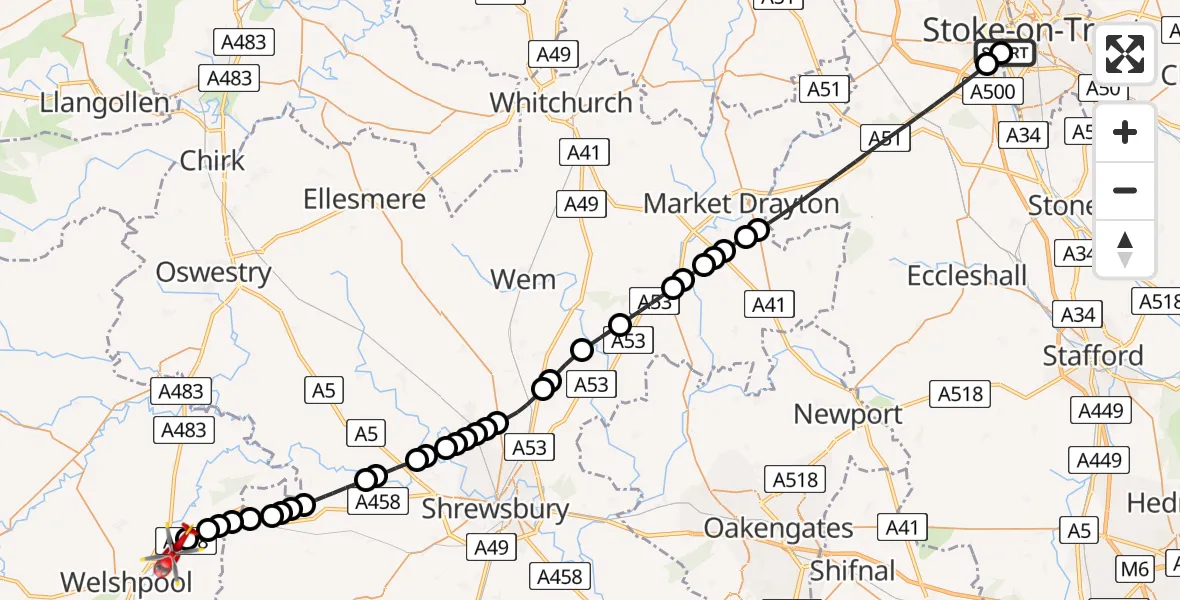 Flight route Air Ambulance Helicopter University Hospital North Staffs - Cefn, 02 September 2026, 18:30